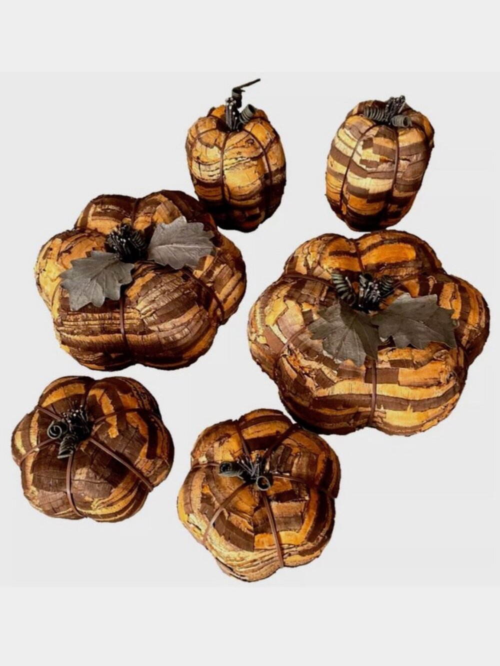 SET OF 6 PIER 1 ONE IMPORTS WOODEN CORK TREE BARK ORANGE STRIPED RUSTIC PUMPKINS